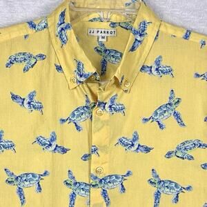 JJ Parrot Poplin Camp Shirt Mens M Yellow Blue Sea Turtle AOP Hawaiian Tropical